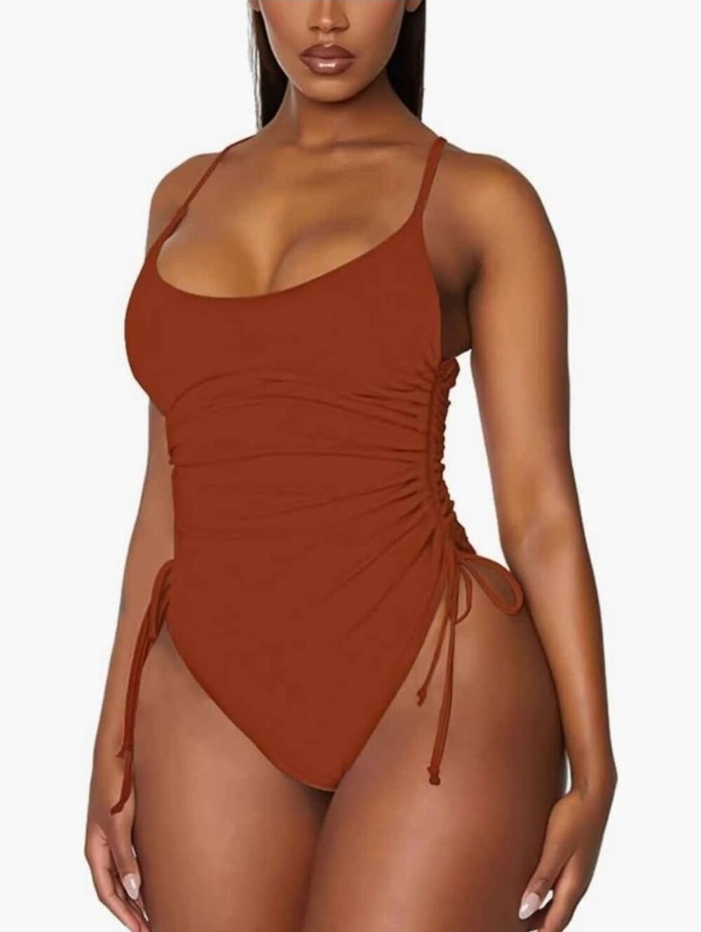 Rouched Side One-Piece Swimsuit - Rust, Burnt Orange, Size Medium